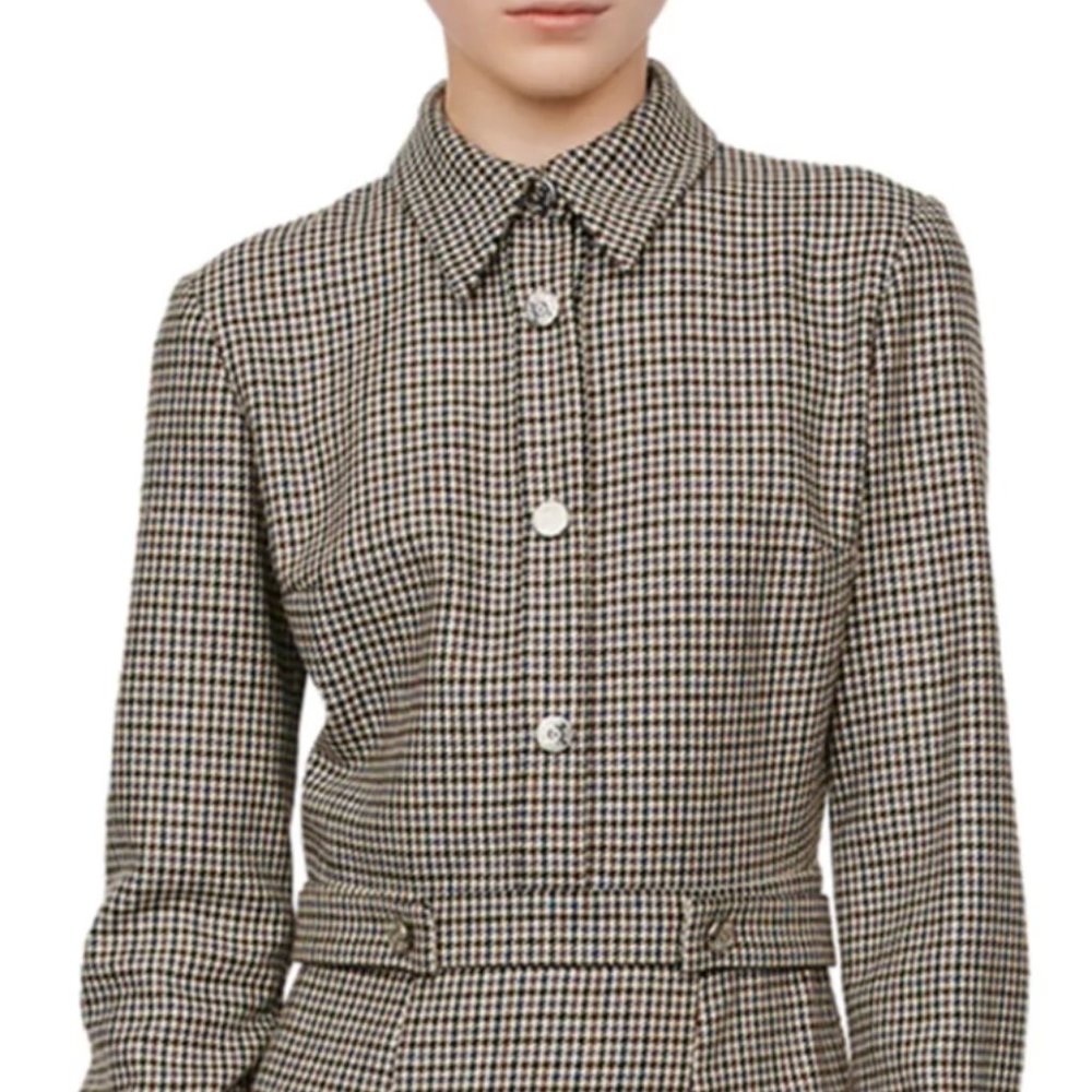 Maje Houndstooth Check Wool Blend Collar Shirt Dress Women 34 XS Multicolor